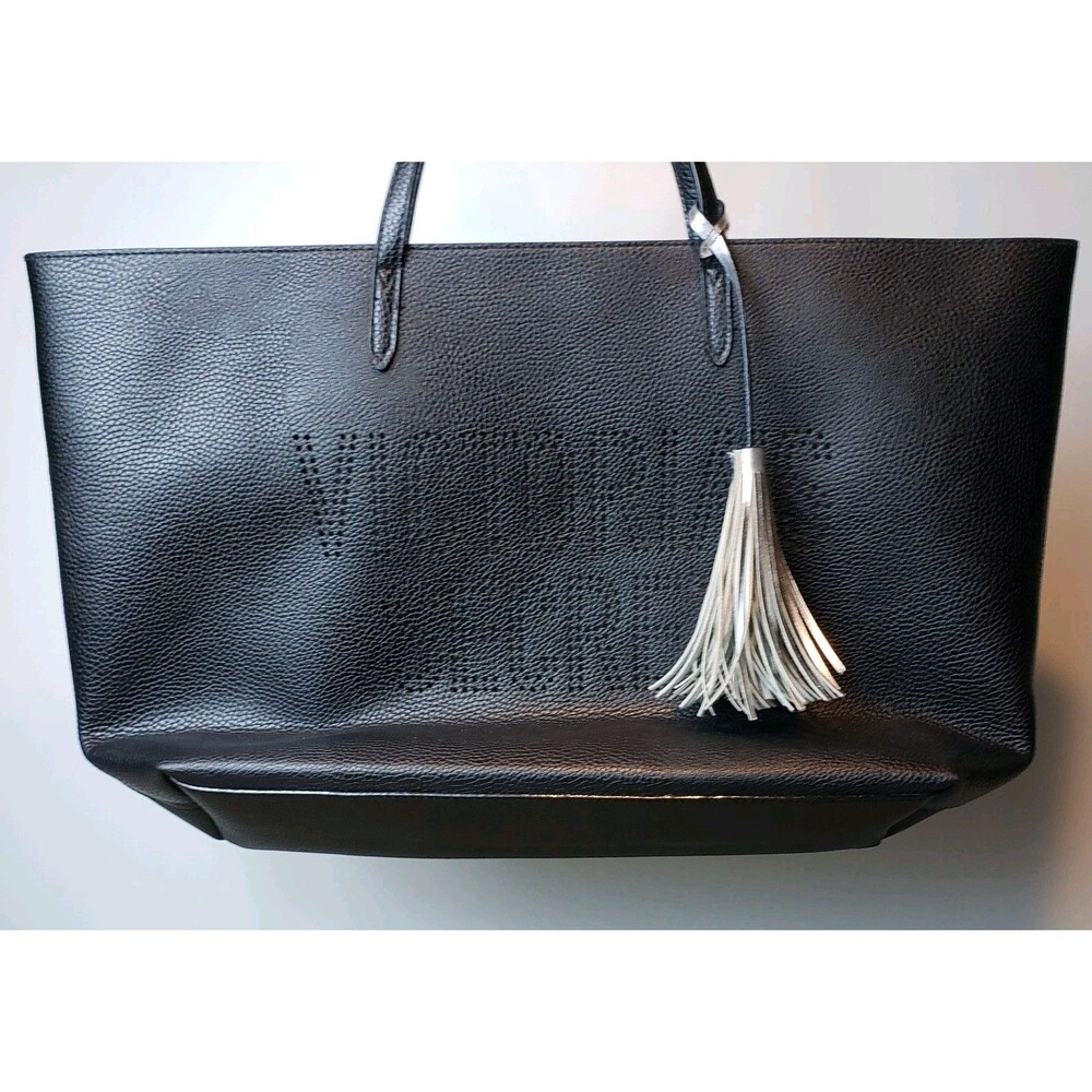 Victoria’s Secret Black Faux Leather Tote Bag Logo Double Handle Silver Tassel !